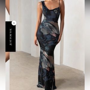 BLACK ABSTRACT PRINT ASYMMETRIC NECKLINE COWL MAXI DRESS